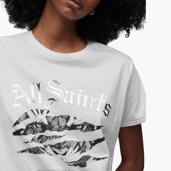 ALLSAINTS Organic Cotton Graphic T-Shirt Grace Ally Tee in Optic White M/Medium - Picture 2 of 5